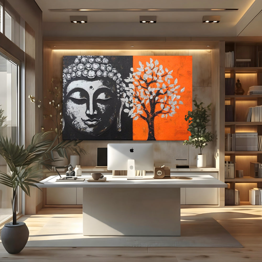 Tablou canvas cu tablou canvas cu capul lui buddha si un copac, fara rama, pe sasiu de lemn, pe perete intr-un birou